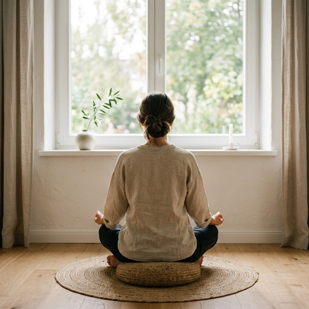 Person meditating cross-legged indoors facing window with green trees outside