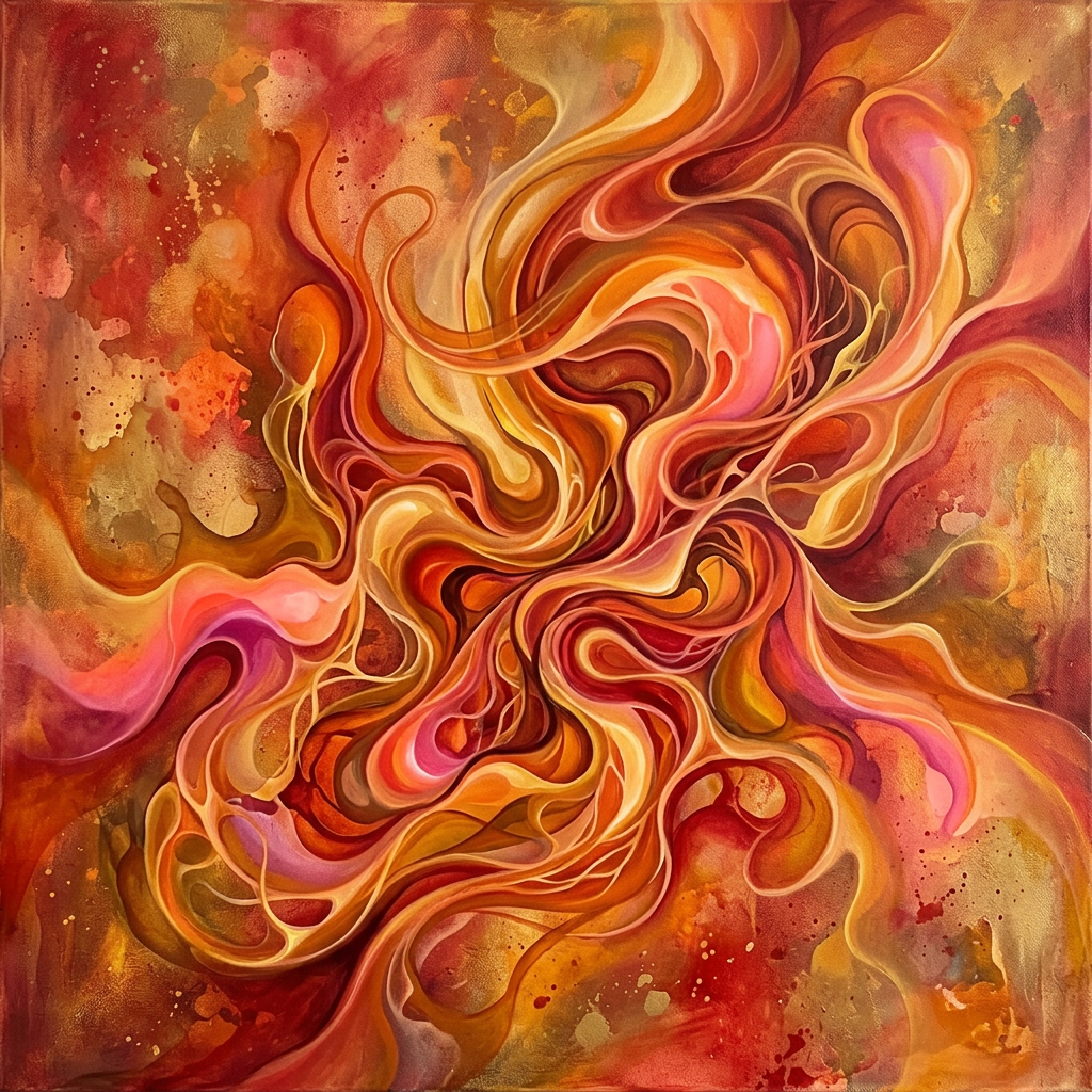Abstract painting of swirling flames in shades of orange, red, and pink