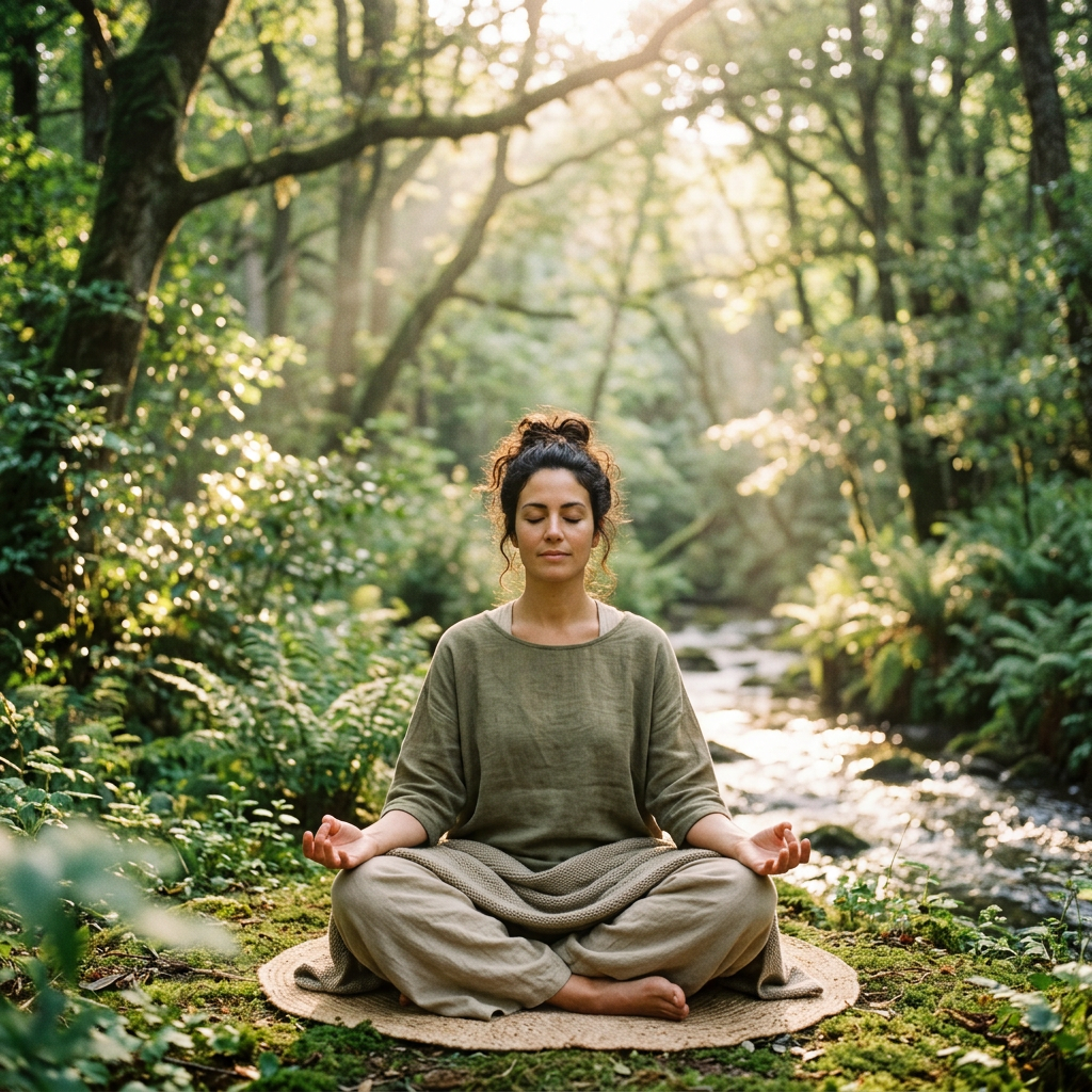 Woman sitting cross-legged meditating in a sunlit forest near a stream