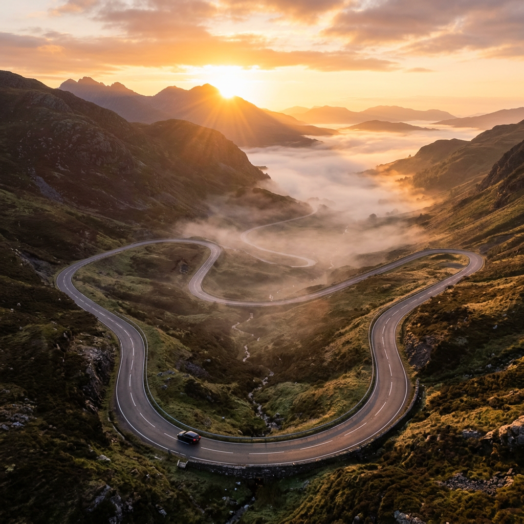Winding mountain road with a car at sunrise and fog in valleys