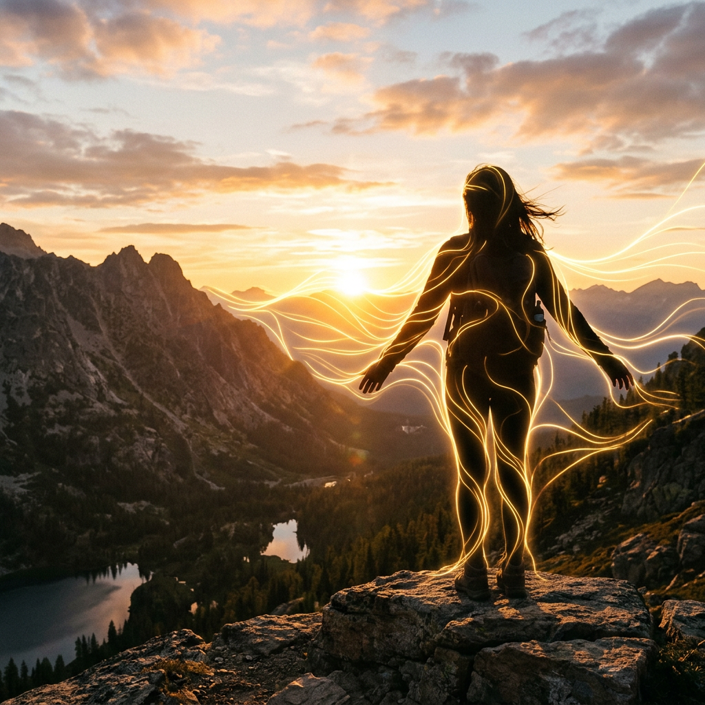 Hiker standing on a rocky mountain ledge with glowing golden light trails at sunset