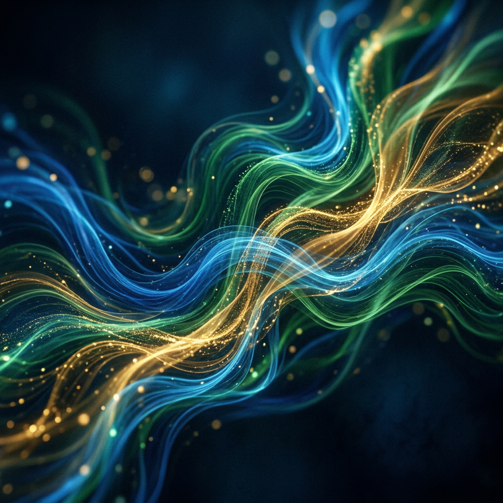 Abstract flowing waves of blue, green, and gold light streaks with sparkling particles