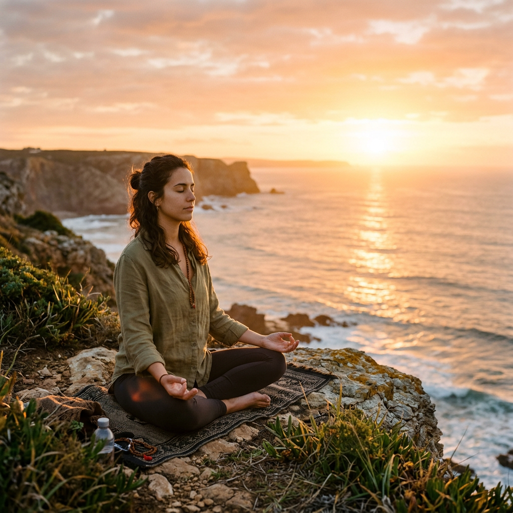 Woman sitting cross-legged on cliff meditating near ocean at sunset
